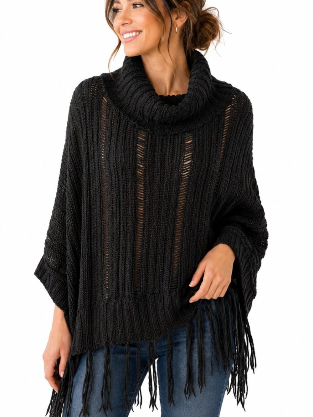 PONCHO Black Open Weave Knitted Cowl Neck Fringe Bottom Poncho EUC Size M/L